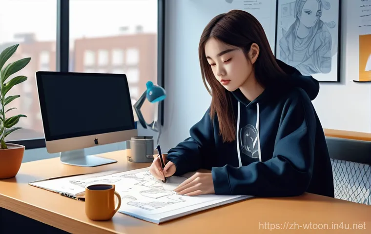 웹툰작가 필수 소프트웨어 학습법 - **Prompt 1: Focused Webtoon Artist in a Cozy Digital Studio**
    "A young, diverse webtoon artist, ...