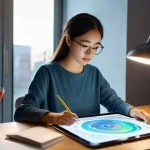 웹툰작가 이직 성공 사례 - A young, focused female webcomic artist in her mid-20s, wearing stylish casual attire (long-sleeve t...