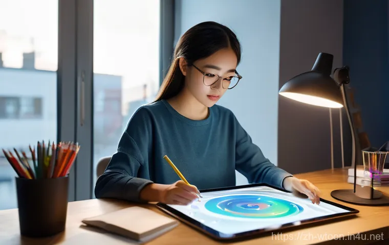 웹툰작가 이직 성공 사례 - A young, focused female webcomic artist in her mid-20s, wearing stylish casual attire (long-sleeve t...