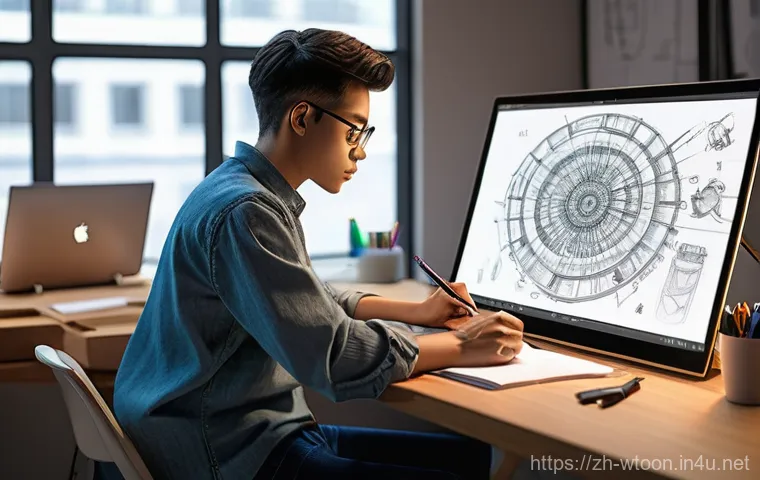 웹툰작가 자격요건 상세 가이드 - **Prompt:** A young, focused web cartoonist, comfortably dressed in a stylish long-sleeved shirt and...